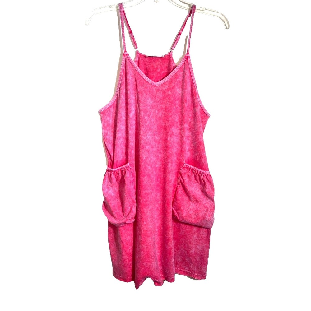 Zenana Pink Acid Wash Cotton Romper Slouchy Pockets CPW-3423Y Womens Large